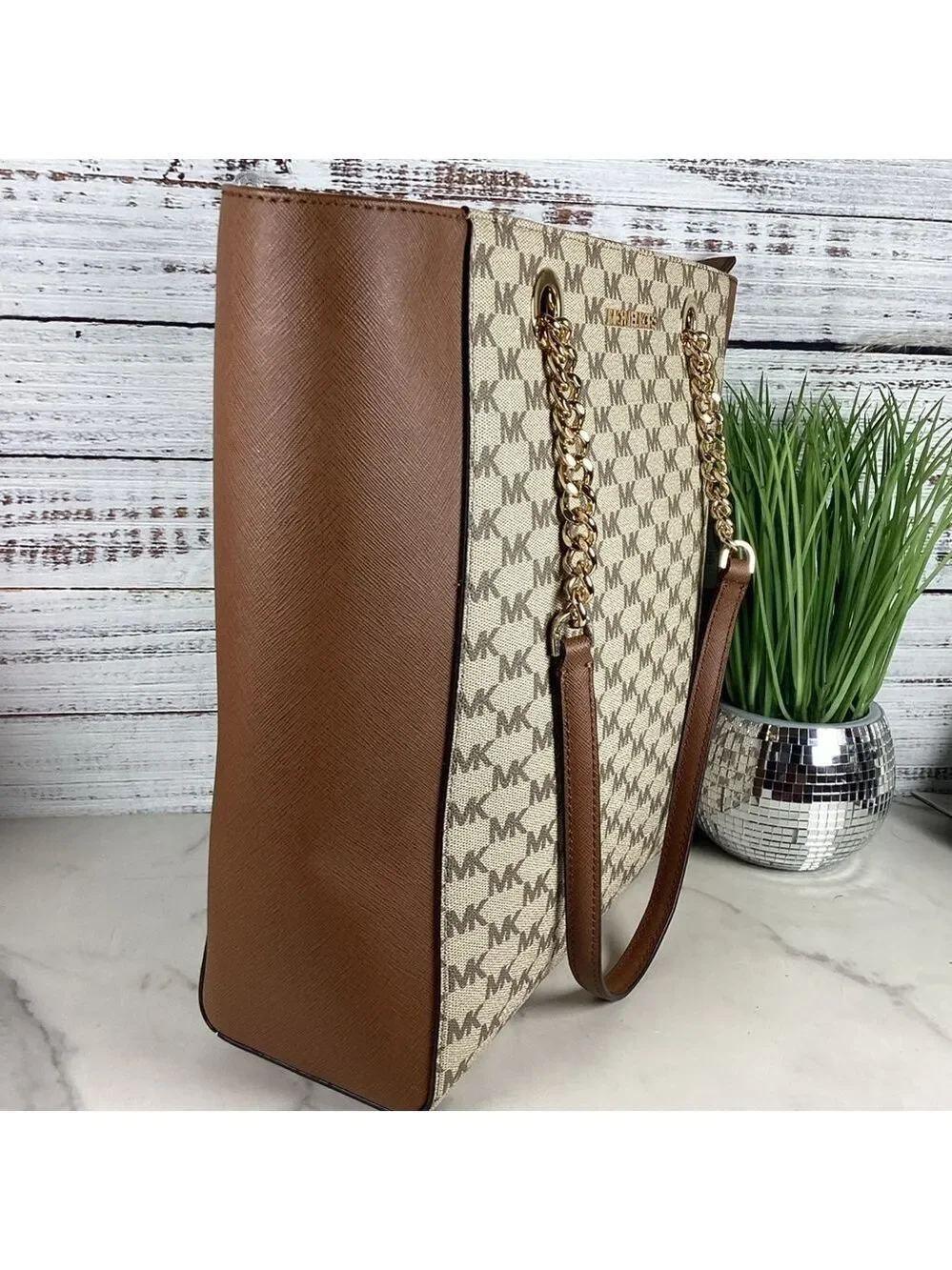 Michael‎ Kors Jet Set Chain Large work Tote Bag Brown tan signature laptop NWT